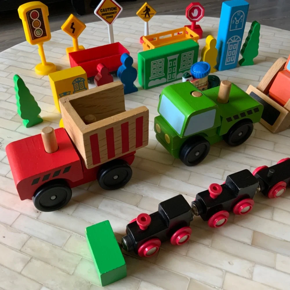 Wooden & plastic toys, cars, trains, boat set of 25 pieces
